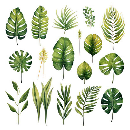 Watercolor set of exotic plants. Palm leaves and monstera leaves isolated on white background.の素材