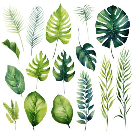 Watercolor set of exotic plants. Palm leaves and monstera leaves isolated on white background.の素材
