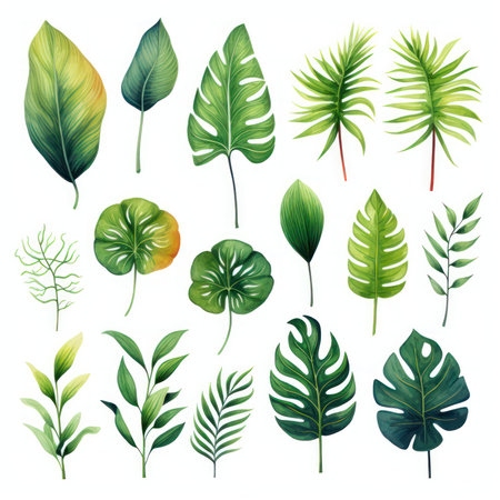 Watercolor set of exotic plants. Palm leaves and monstera leaves isolated on white background.の素材