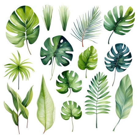 Watercolor set of exotic plants. Palm leaves and monstera leaves isolated on white background.の素材