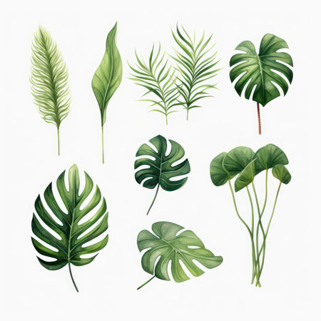 Watercolor set of exotic plants. Palm leaves and monstera leaves isolated on white background.の素材