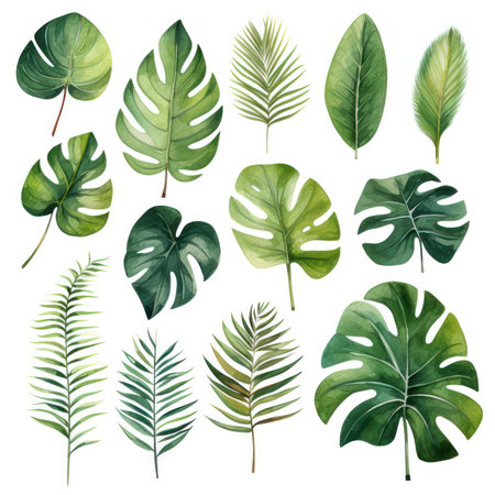 Watercolor set of exotic plants. Palm leaves and monstera leaves isolated on white background.の素材