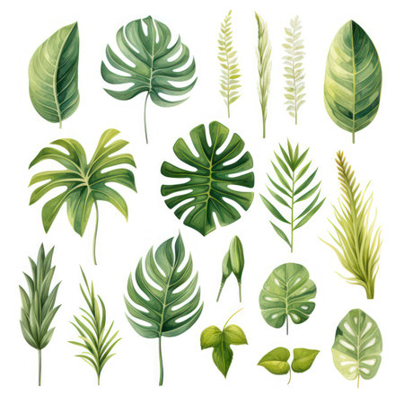 Watercolor set of exotic plants. Palm leaves and monstera leaves isolated on white background.の素材