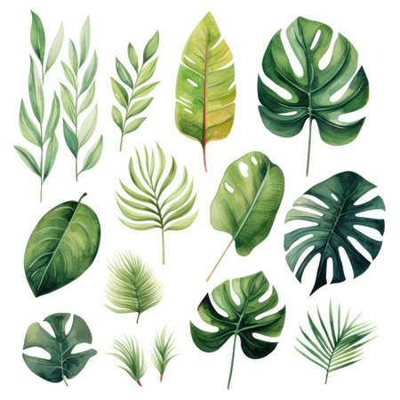 Watercolor set of exotic plants. Palm leaves and monstera leaves isolated on white background.の素材