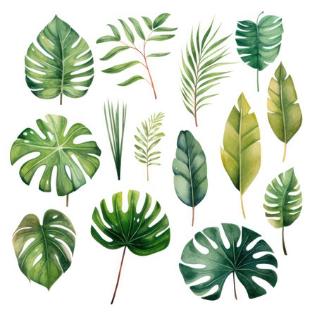 Watercolor set of exotic plants. Palm leaves and monstera leaves isolated on white background.の素材
