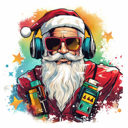 Cool Santa Claus with sunglasses listening music in headphones. Hip 1980s graffiti art. T-shirt design graphic.の素材