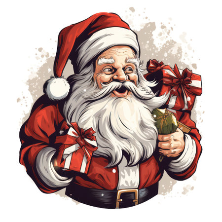Jolly Santa Claus with rosy cheeks and a sack of presents on white background. Classic vintage style. Design t-shirt graphic.の素材