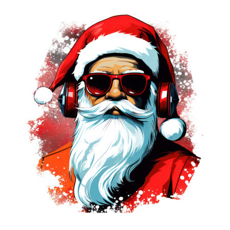 Cool Santa Claus with sunglasses listening music in headphones. Hip 1980s graffiti art. T-shirt design graphic.の素材