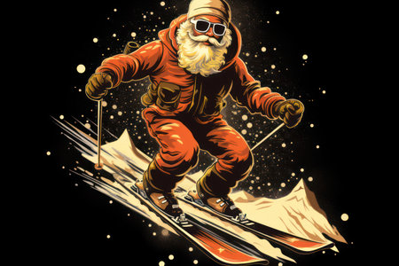 Jovial Santa Claus skiing a snowy hill. Retro style. T-shirt design graphic.の素材