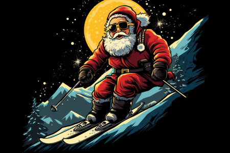 Jovial Santa Claus skiing a snowy hill. Retro style. T-shirt design graphic.の素材