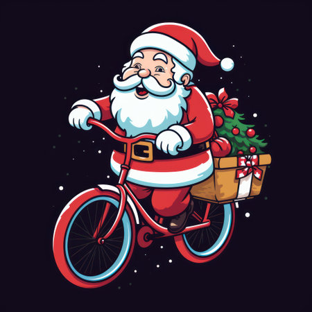 Santa Claus riding a bicycle with a bag of presents. 1970s retro cartoon style. T-shirt design graphic.の素材