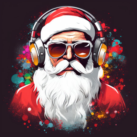 Cool Santa Claus with sunglasses listening music in headphones. Hip 1980s graffiti art. T-shirt design graphic.の素材