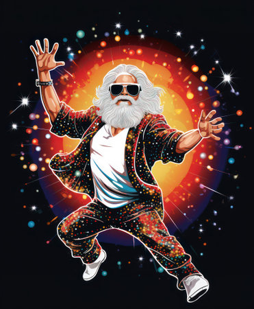Dancing Cool Santa Claus with sunglasses. Hip 1980s graffiti art. Glittering disco ball, 1990s style dance club poster.の素材