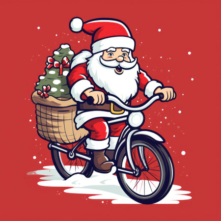 Santa Claus riding a bicycle with a bag of presents. 1970s retro cartoon style. T-shirt design graphic.の素材