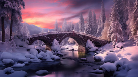 Christmas backdrop with snow-covered bridge over gently flowing river. Winter forest with frosted trees. Pink and lavender colors, winter's eve.の素材