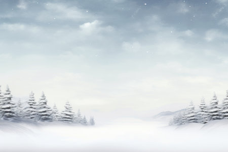 Contemporary minimalist Christmas backdrop. Serene winter landscape with fresh snow covering the ground.の素材