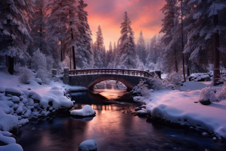 Christmas backdrop with snow-covered bridge over gently flowing river. Winter forest with frosted trees. Pink and lavender colors, winter's eve.の素材