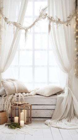 Simple and Clean Boho Christmas Studio Backdrop. Creative minimalist modern holiday background.の素材