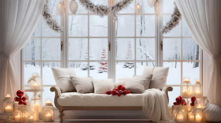 Christmas background with big window in the middle, gift boxes, candles. White, red colors. Cozy christmas room.の素材