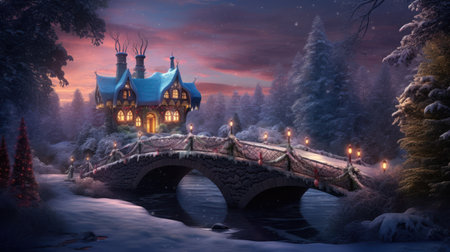 Christmas backdrop with snow-covered bridge over gently flowing river. Winter forest with frosted trees. Pink and lavender colors, winter's eve.の素材