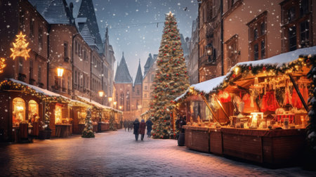 Photographic scene of Christmas market in an ancient European town. Winter streets with stalls selling festive treats. Winter evening.の素材