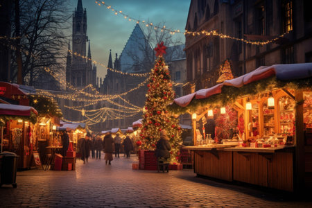 Photographic scene of Christmas market in an ancient European town. Winter streets with stalls selling festive treats. Winter evening.の素材