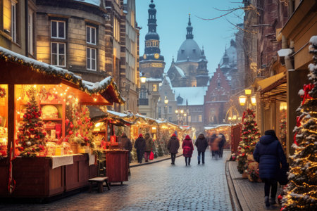 Photographic scene of Christmas market in an ancient European town. Winter streets with stalls selling festive treats. Winter evening.の素材