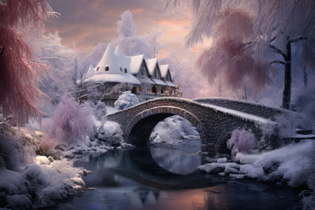 Christmas backdrop with snow-covered bridge over gently flowing river. Winter forest with frosted trees. Pink and lavender colors, winter's eve.の素材