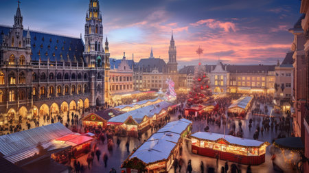 Photographic scene of Christmas market in an ancient European town. Winter streets with stalls selling festive treats. Winter evening.の素材