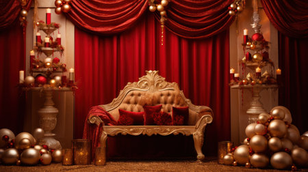 Christmas luxury holiday background. Red Gold colors. Cozy room with Christmas tree.の素材