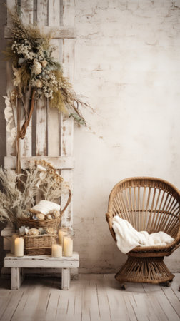 Simple and Clean Boho Christmas Studio Backdrop. Creative minimalist modern holiday background with copy space.の素材