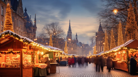 Photographic scene of Christmas market in an ancient European town. Winter streets with stalls selling festive treats. Winter evening.の素材