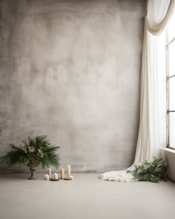 Simple and Clean Boho Christmas Studio Backdrop. Creative minimalist modern holiday background with copy space.の素材