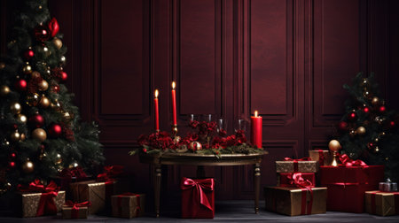 Christmas luxury holiday background. Red Gold colors. Cozy room with Christmas tree.の素材