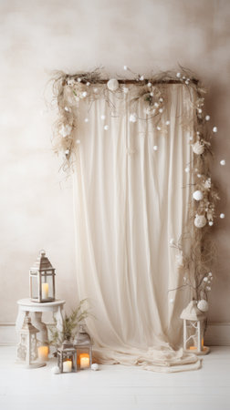 Simple and Clean Boho Christmas Studio Backdrop. Creative minimalist modern holiday background with copy space.の素材