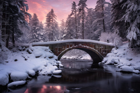 Christmas backdrop with snow-covered bridge over gently flowing river. Winter forest with frosted trees. Pink and lavender colors, winter's eve.の素材