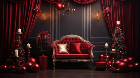 Christmas luxury holiday background. Red Gold colors. Cozy room with Christmas tree.の素材