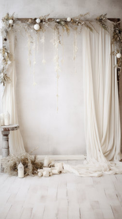 Simple and Clean Boho Christmas Studio Backdrop. Creative minimalist modern holiday background with copy space.の素材