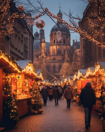 Photographic scene of Christmas market in an ancient European town. Winter streets with stalls selling festive treats. Winter evening.の素材