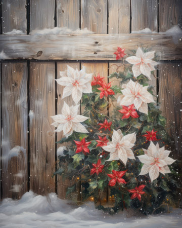 Painting rustic wooden wall on snowy Christmas tree farm. Winter background.の素材