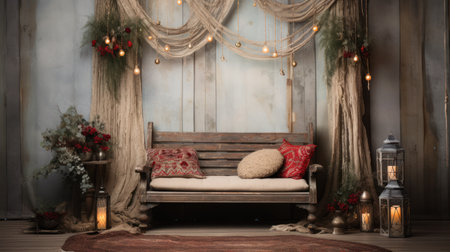 Christmas Bohemian Elegance Photography. Design studio backdrop. Festive spirit of Christmas, vintage rugs.の素材