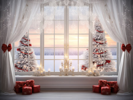 Christmas background with big window in the middle, gift boxes, candles. White, red colors. Cozy christmas room.の素材