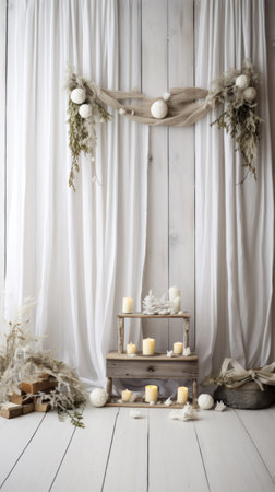 Simple and Clean Boho Christmas Studio Backdrop. Creative minimalist modern holiday background.の素材