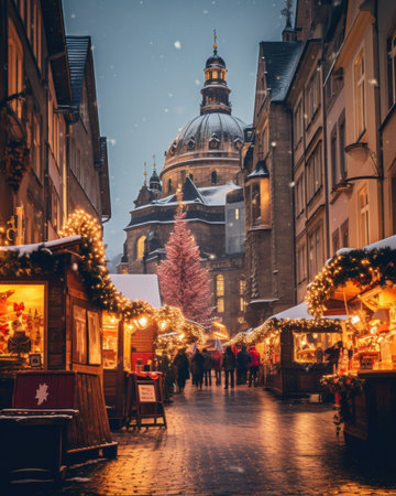 Photographic scene of Christmas market in an ancient European town. Winter streets with stalls selling festive treats. Winter evening.の素材