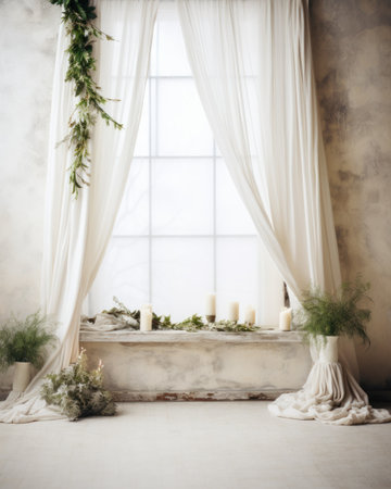 Simple and Clean Boho Christmas Studio Backdrop. Creative minimalist modern holiday background.の素材