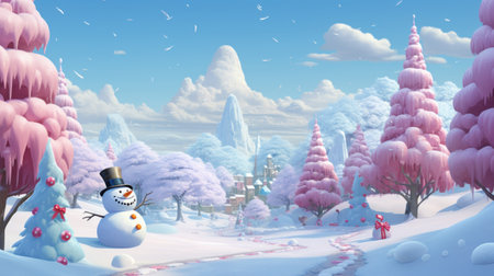 Christmas wonderland. Funny snowman in snow. Realistic 3d Christmas background. Pastel colors Christmas trees, festive atmosphere. Soft blue, pink colors.の素材