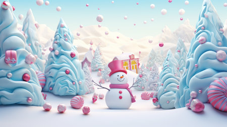 Christmas wonderland. Funny snowman in snow. Realistic 3d Christmas background. Pastel colors Christmas trees, festive atmosphere. Soft blue, pink colors.の素材