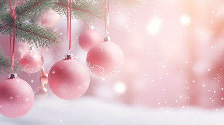 Pink balls and Snowflakes. Christmas composition. Xmas pine fir lush tree. Winter holiday cute background.の素材
