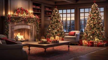 Christmas background. Cozy living room with decorated Christmas tree and fireplace.の素材