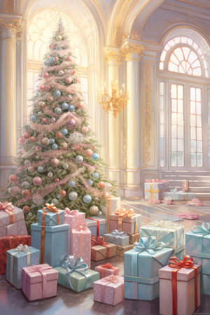 Christmas setting. Christmas trees decorated. Pastel colors Christmas trees with lots of gifts.の素材
